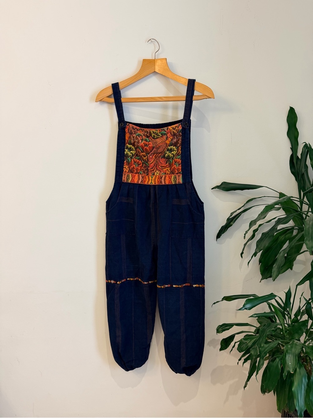 Handmade Embroidered Navy Denim Overalls with Colorful Panel